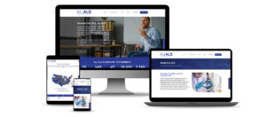 Multiple screens, desktop, tablet laptop and phone showing the ALL ALS Website