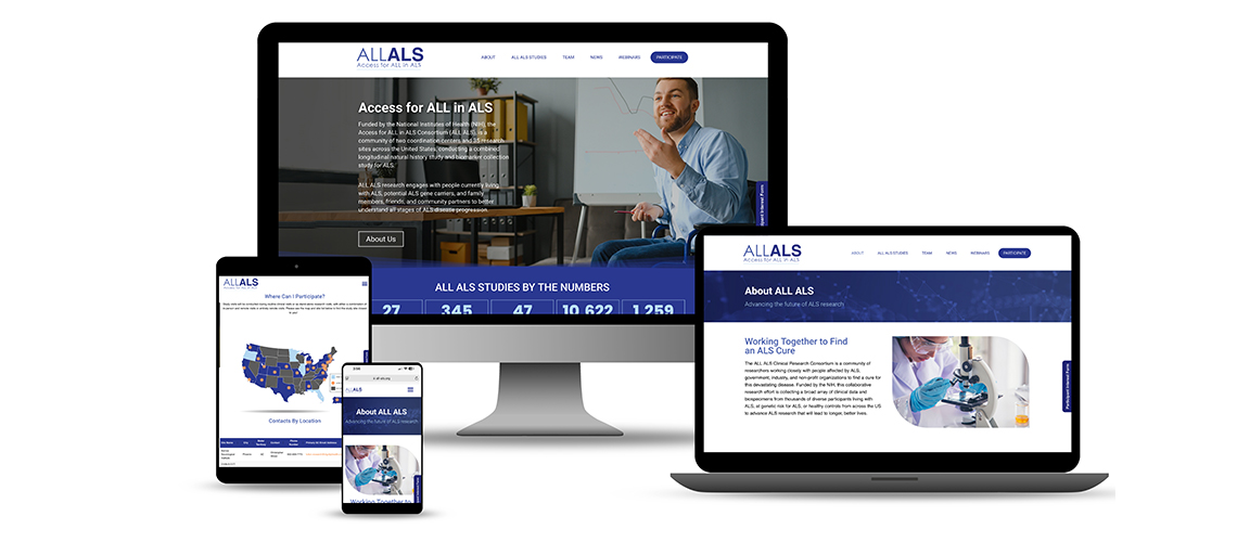 Multiple screens, desktop, tablet laptop and phone showing the ALL ALS Website
