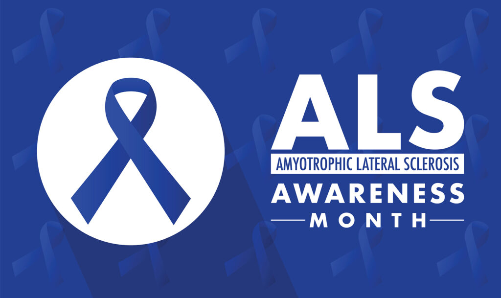 ALS Awareness Month Banner, purple background with the traditional purple ribbon icon for ALS