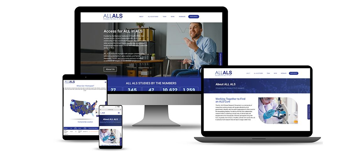 Multiple screens, desktop, tablet laptop and phone showing the ALL ALS Website