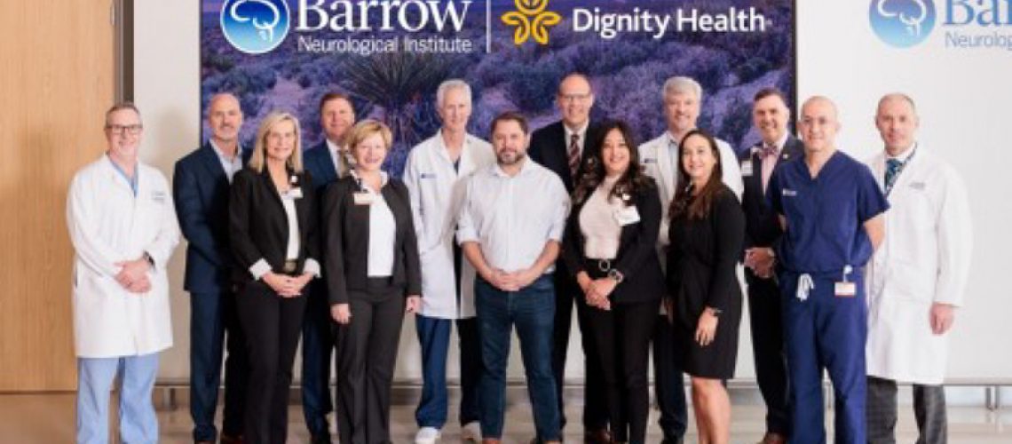 Pictured in the center is Senator Ruben Gallego, with Judith Chavira, ALL ALS Outreach Manager, Dr. Robert Bowser to his right. Additional Leadership from Dignity Health and Barrow Neurological Institute are also pictured.